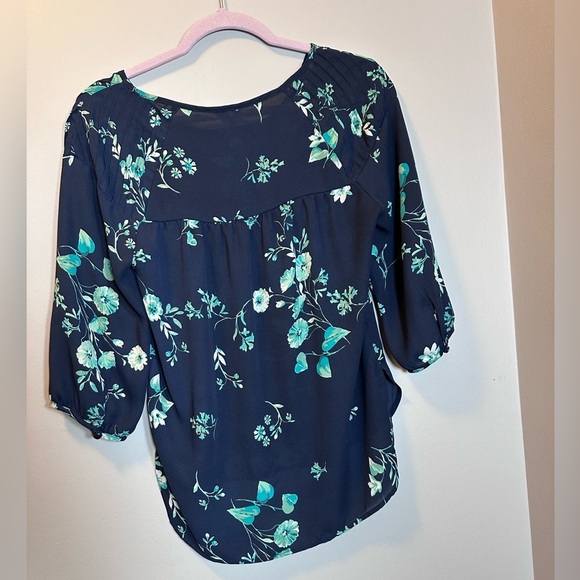 Lauren Conrad Floral Navy Blouse half sleeve high low green blue - Picture 7 of 8